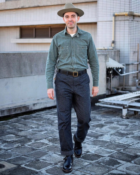 {Sold Out} Atlas Salt & Pepper 6.5 oz. Selvedge Work Shirt (Sage Green)