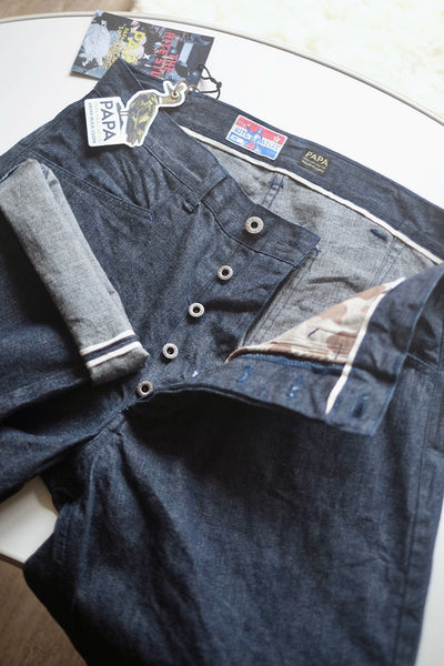 {Pre-order for Oct. ‘25} The Rite Stuff x Papa Nui 10.5 oz. Selvedge Denim Sailor Moku Pants (Indigo)