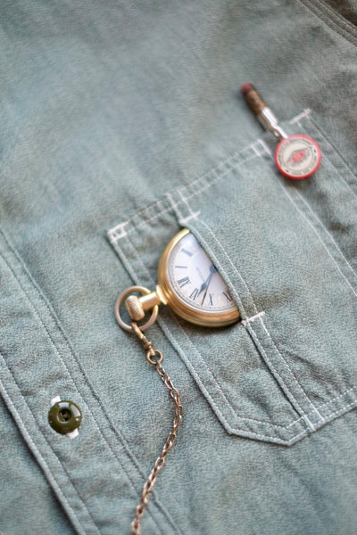 {Pre-order for April ‘26} Railhead Engineer Selvedge Salt & Pepper Work Shirt (Sage Green)