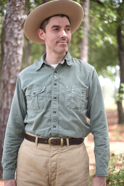 {Pre-order for April ‘26} Railhead Engineer Selvedge Salt & Pepper Work Shirt (Sage Green)