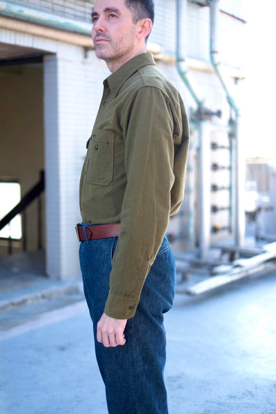 {Pre-order for Sept. ‘25} Uncle Sam Chamois ‘Suede’ Cloth Cigarette Pocket Work Shirt (Olive Drab)