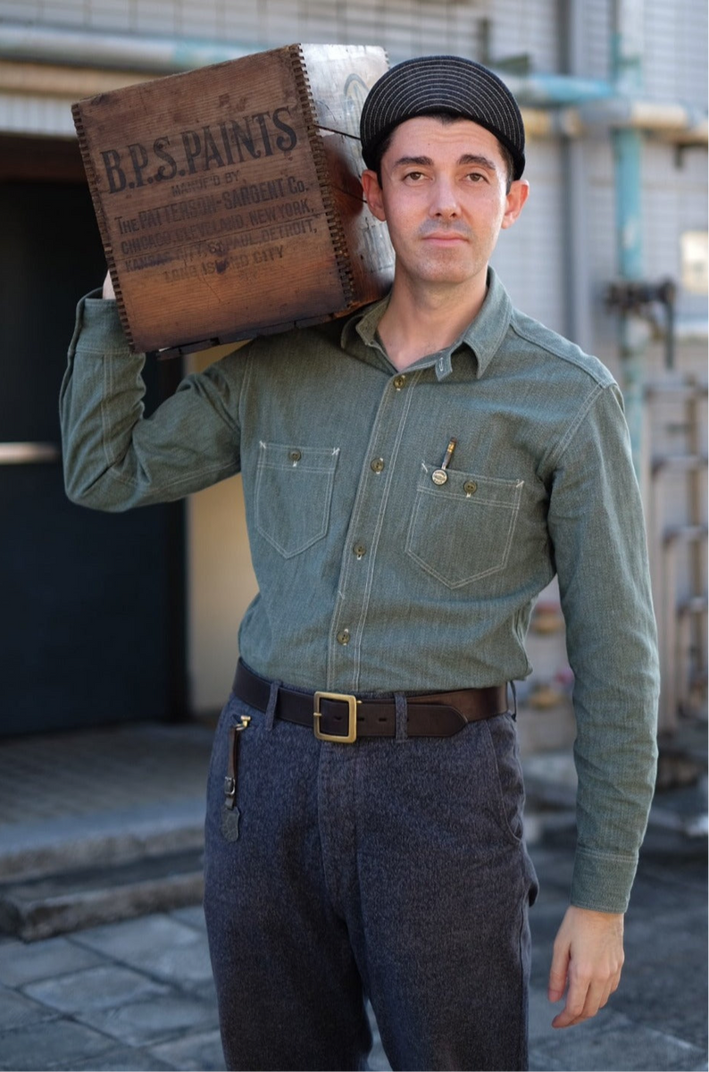 {Pre-order for Sept. 2026} Atlas Salt & Pepper 6.5 oz. Selvedge Work Shirt (Sage Green)