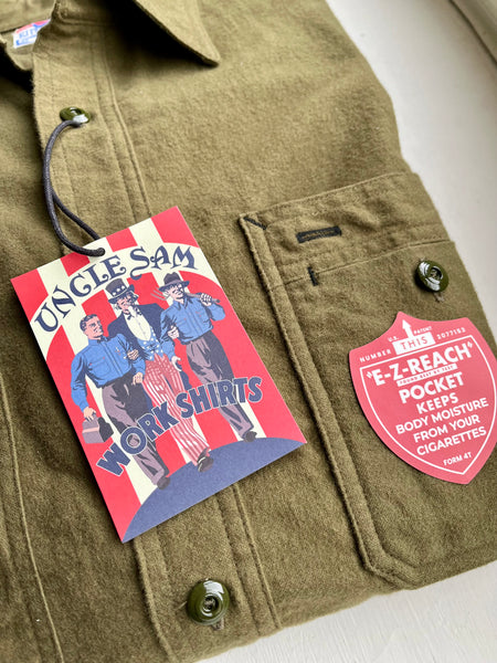 {Pre-order for Sept. ‘25} Uncle Sam Chamois ‘Suede’ Cloth Cigarette Pocket Work Shirt (Olive Drab)