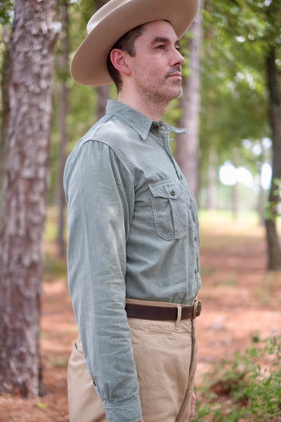 {Pre-order for April ‘26} Railhead Engineer Selvedge Salt & Pepper Work Shirt (Sage Green)