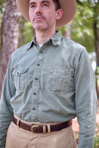 {Pre-order for April ‘26} Railhead Engineer Selvedge Salt & Pepper Work Shirt (Sage Green)