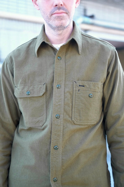 {Pre-order for Sept. ‘25} Uncle Sam Chamois ‘Suede’ Cloth Cigarette Pocket Work Shirt (Olive Drab)